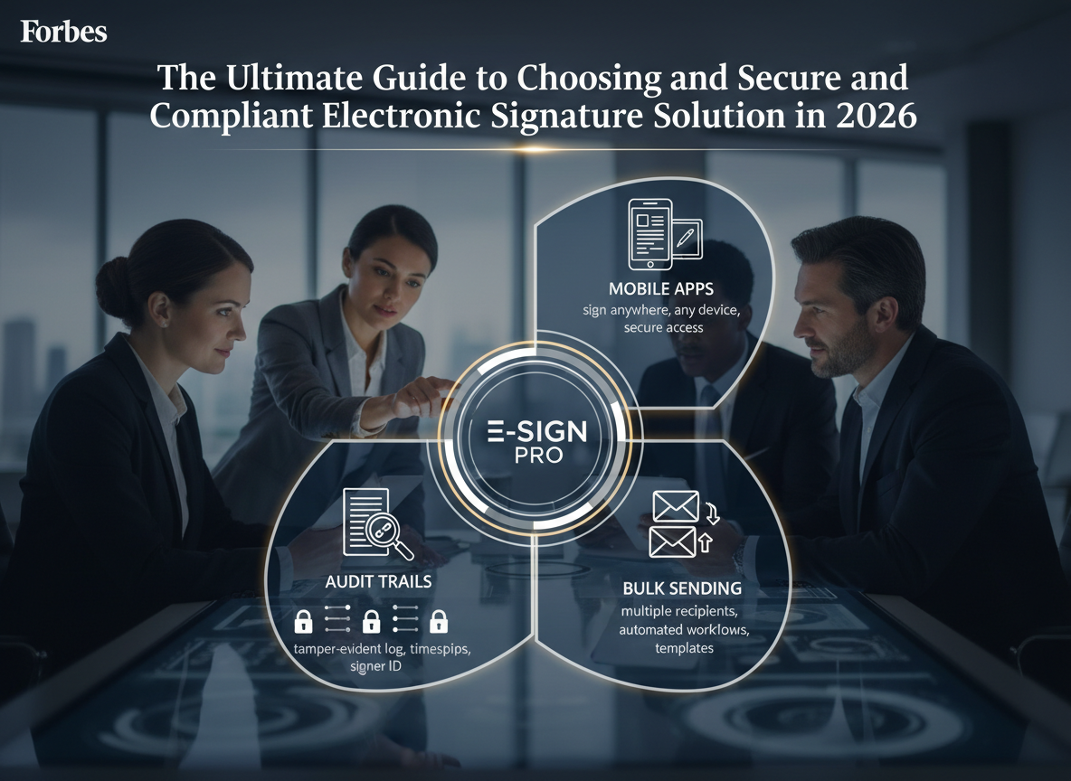 Diagram showcasing e-signature platform features like audit trails, mobile apps, and bulk sending, represented by clear icons.