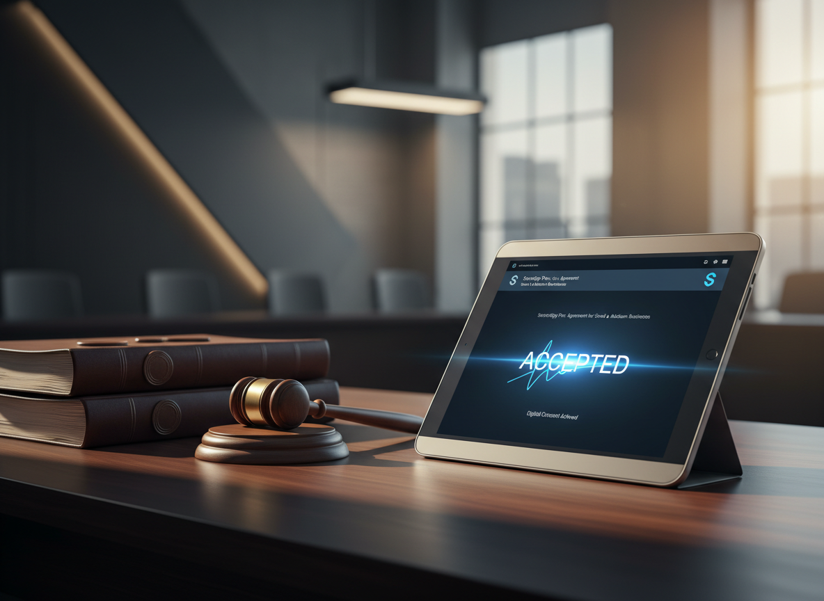 A courtroom desk with a glowing electronic signature on a tablet next to traditional legal documents and a gavel, symbolizing legal acceptance.