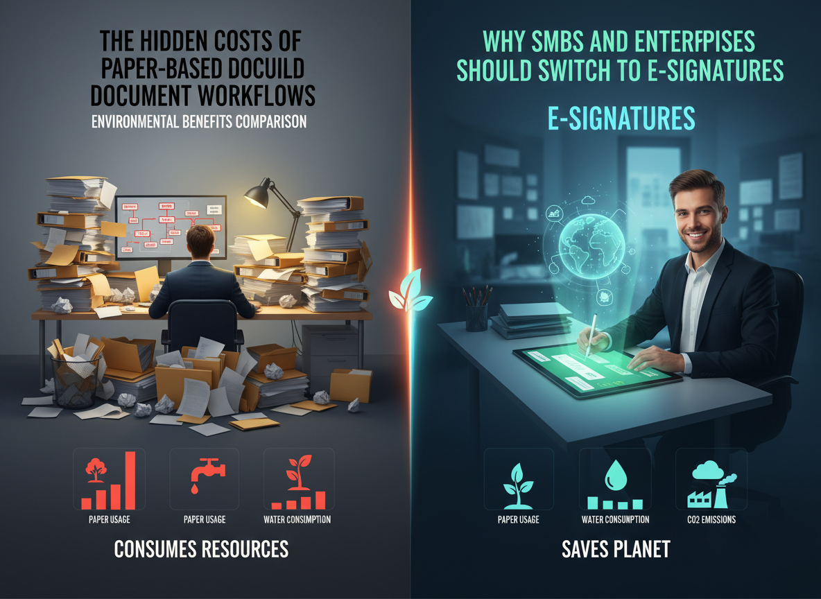 An impactful comparison of the environmental benefits of e-signatures versus paper-based workflows, showing reductions in paper usage, water consumption, and CO2 emissions.