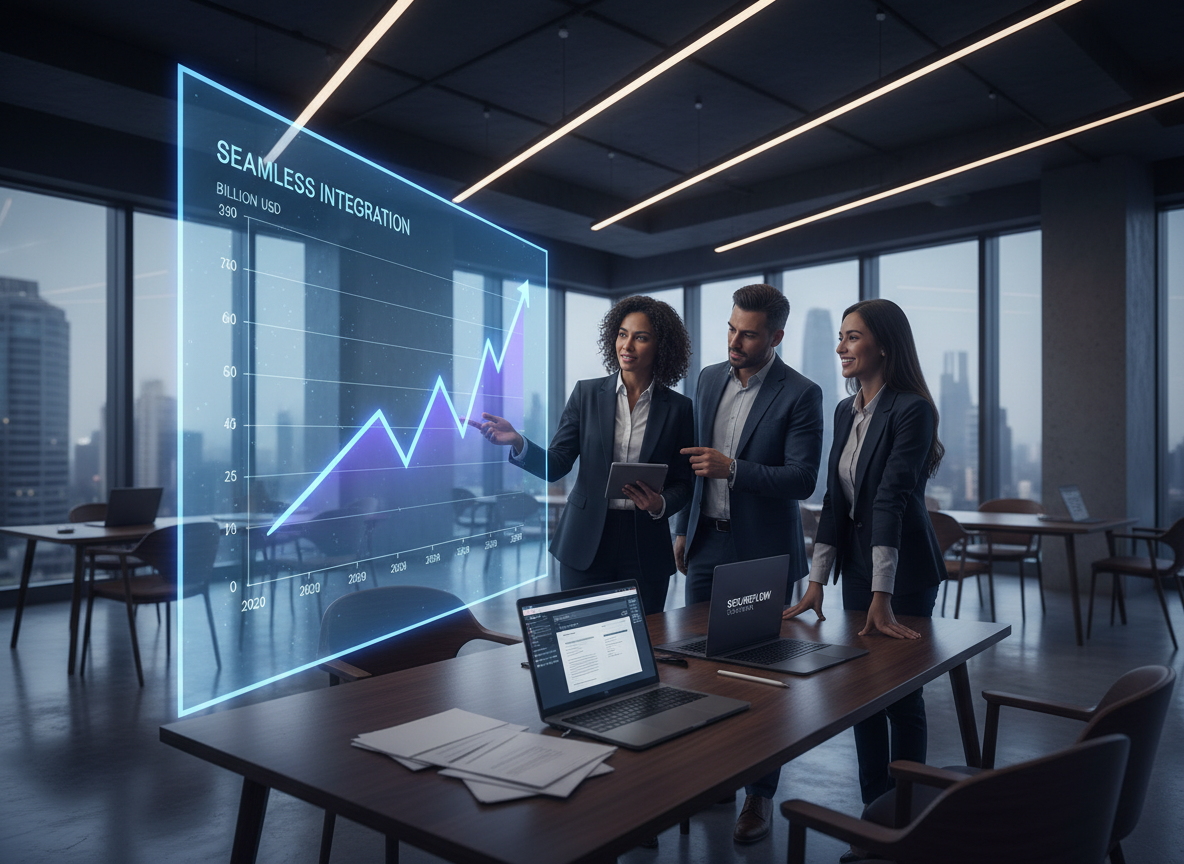 Entrepreneurs in a coworking space discussing a digital graph of digital signature market growth from 2020 to 2026