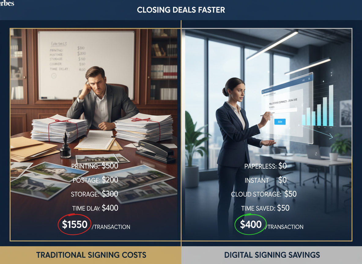 Side-by-side comparison of traditional signing costs versus digital signing savings with clear dollar figures.