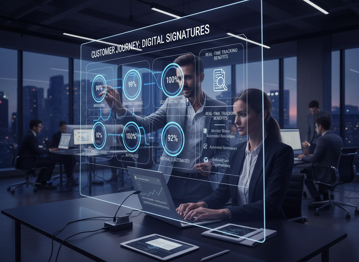Customer journey map with digital signature touchpoints in a SaaS company, highlighting fast turnaround times and seamless workflows.