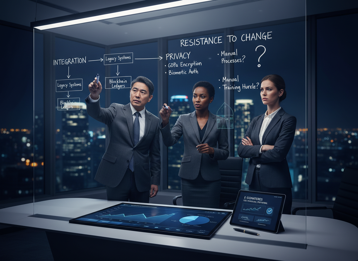 A boardroom scene where executives strategize on a whiteboard about integration, privacy, and resistance to change challenges, with an analytics dashboard in view.