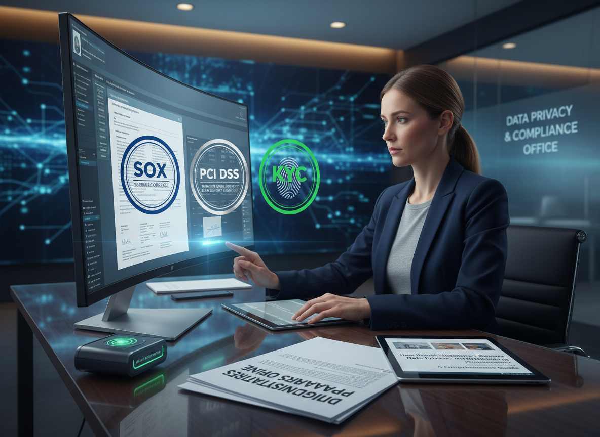 Finance office with a compliance officer validating a digital signature on a transaction, showing compliance stamps like SOX, PCI DSS, and KYC.