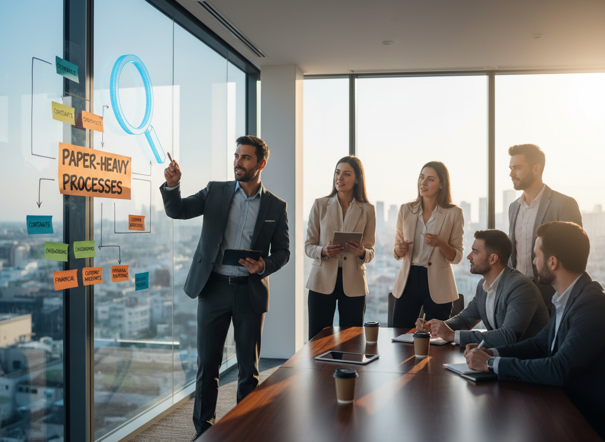 A business team conducting a workflow audit in a modern office, focusing on identifying paper-heavy processes using sticky notes and flowcharts.
