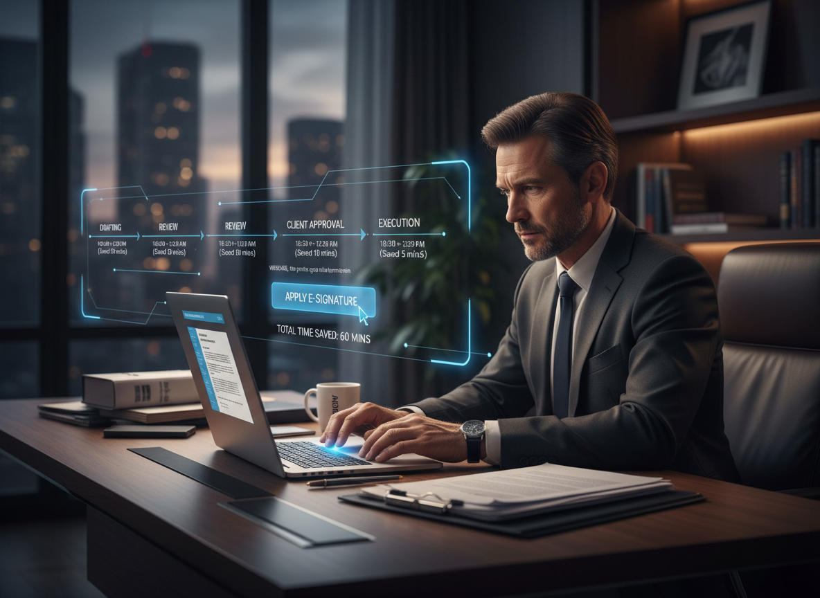 Lawyer in office using a laptop with holographic timeline illustrating streamlined legal contract phases via digital signatures.