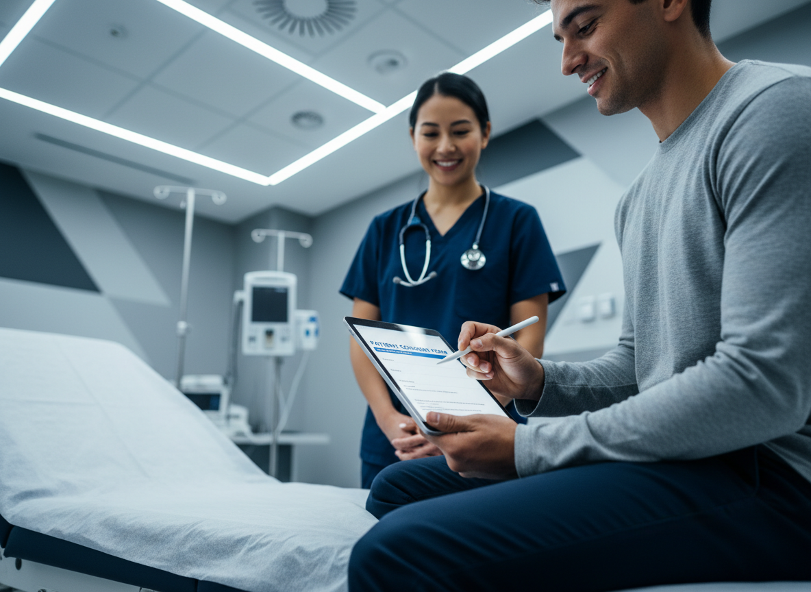 Patient signing a digital consent form on a tablet in a bright clinic, with a nurse attentively supervising.