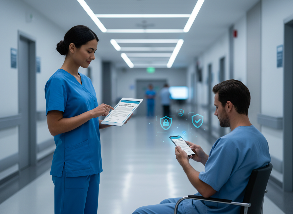 A hospital nurse and patient reviewing and signing a secure digital consent form on electronic devices, with icons for encryption, compliance, and satisfaction overlaying the scene.