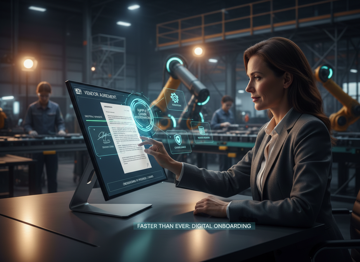 A manufacturing manager digitally signing a vendor agreement on a touchscreen, with holographic icons showing integration into a centralized system.