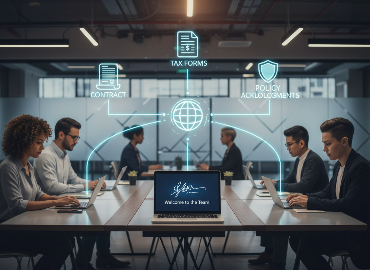 Employees in a co-working space digitally signing onboarding documents, with holographic visuals showing global connectivity and completed forms.
