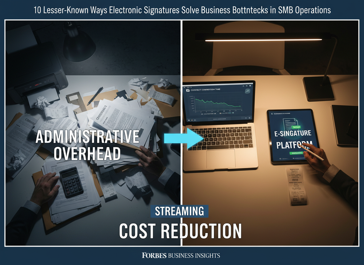 A split-screen comparison showing the administrative cost savings of electronic signatures versus traditional paper-based processes.
