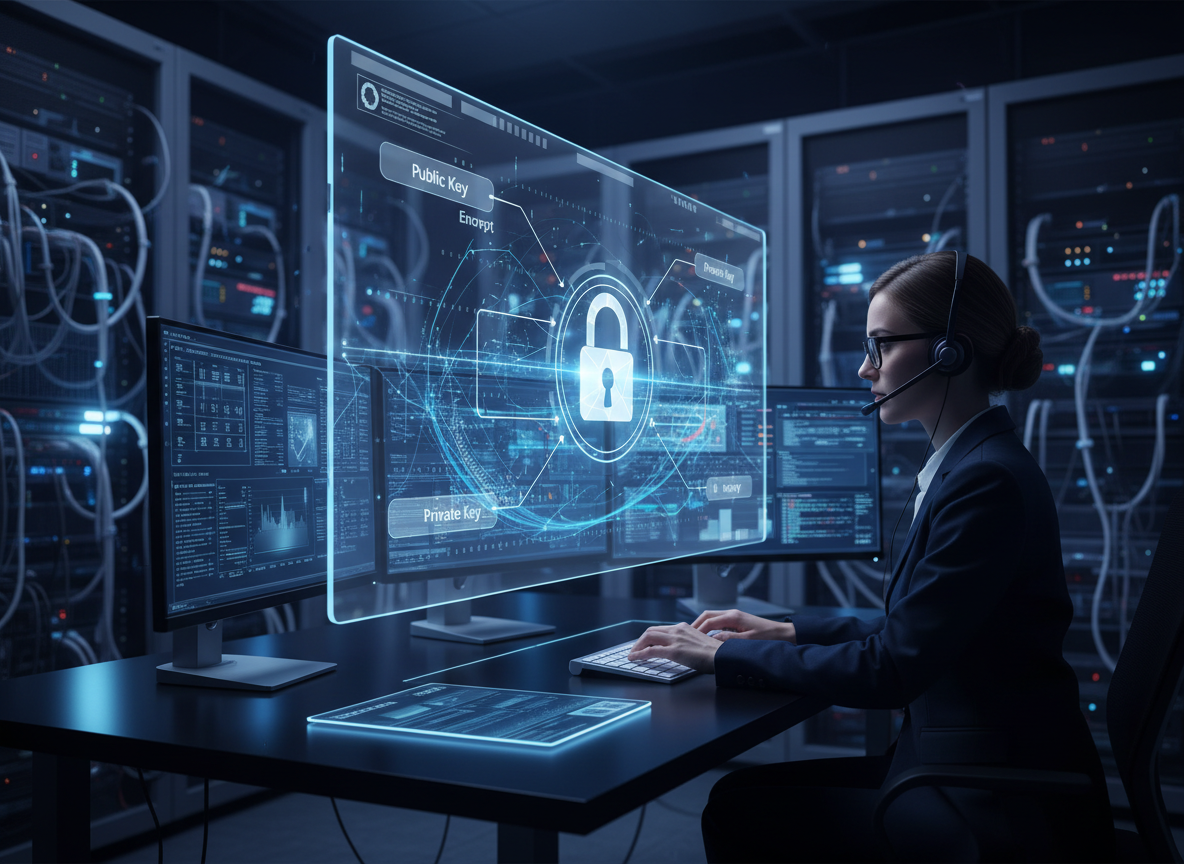 A holographic diagram of PKI encryption in a high-tech server room, showing public and private key pairing with a cybersecurity analyst monitoring data.