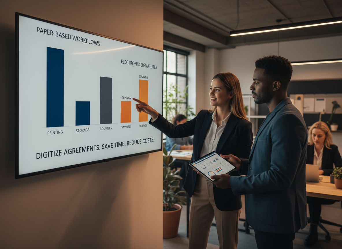 A bar graph displayed in a startup office comparing the higher costs of paper-based workflows to the lower costs of electronic signatures, emphasizing savings.