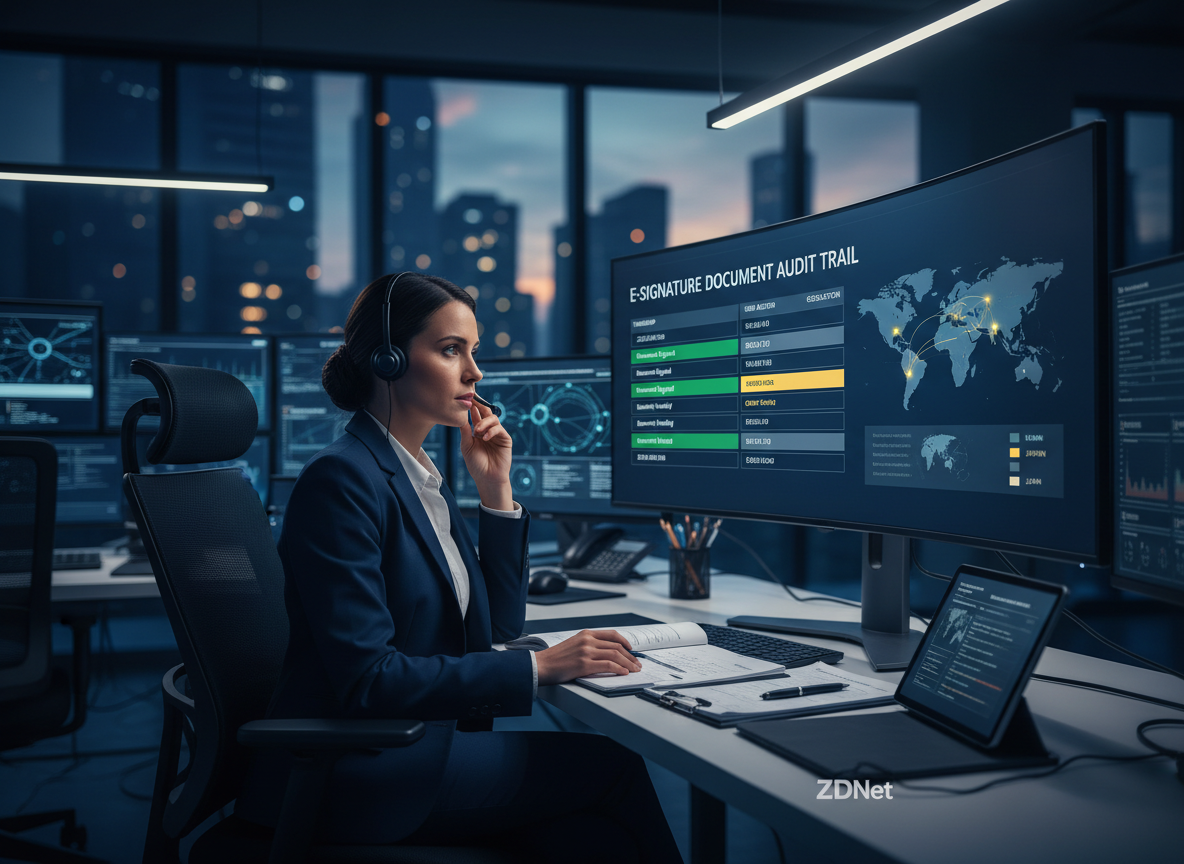 A detailed audit trail displayed in a cybersecurity operations center, showing timestamps, user actions, and geolocation data for an e-signature document.