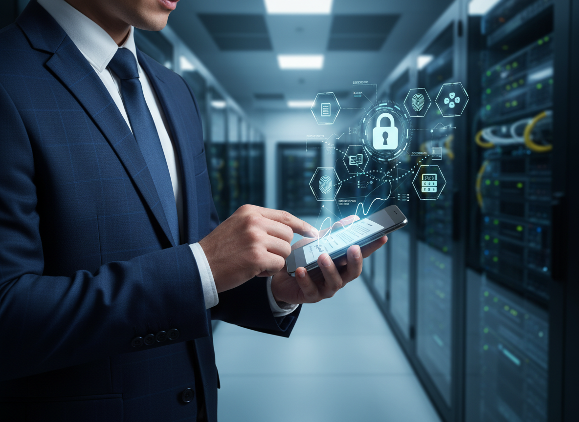 A secure server room showing a professional signing a document on a smartphone with holographic encryption locks, audit trails, and MFA symbols.