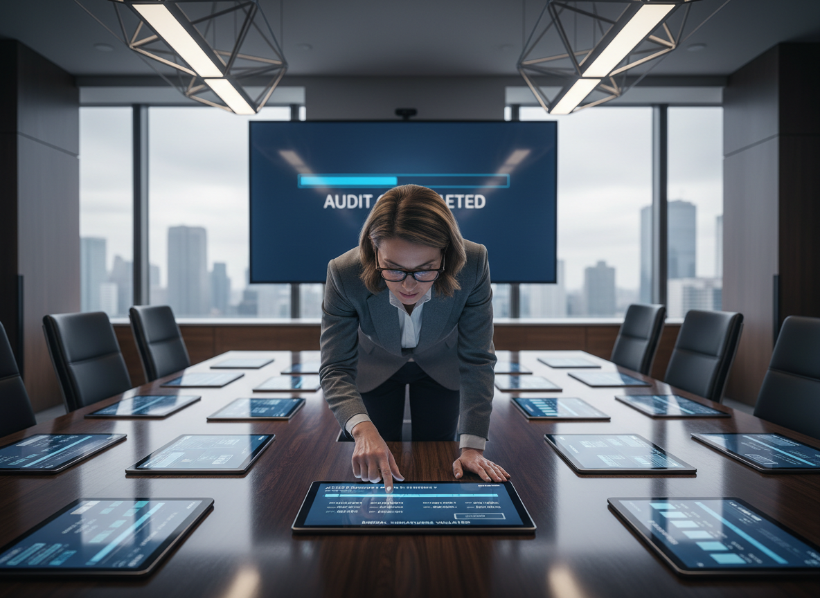 A modern office scene with a compliance officer reviewing organized digital audit trails and a monitor displaying 'Audit Completed.'