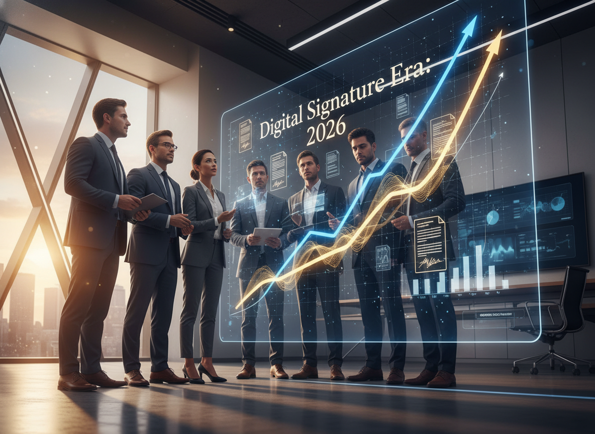 Team in modern office reviewing holographic digital signature projections for 2026