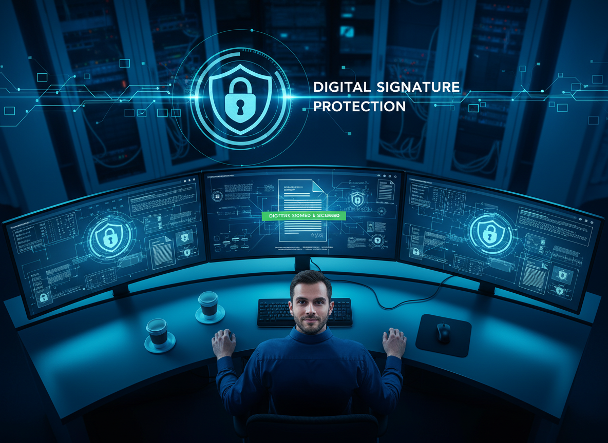 IT specialist in security center overseeing encrypted digital signatures