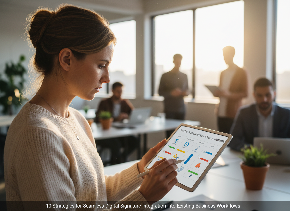 Business owner comparing digital signature solutions on a tablet in co-working space