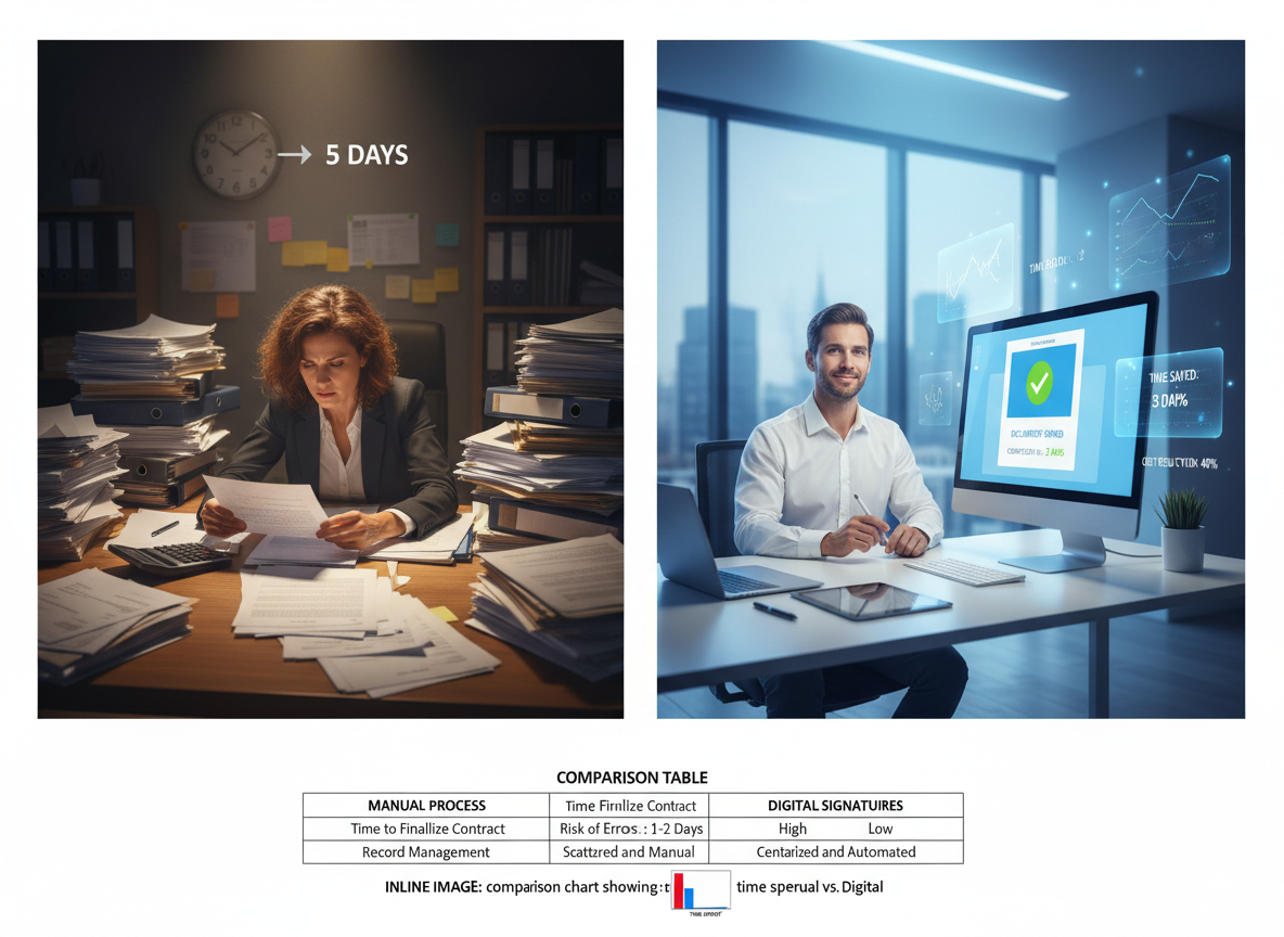 Side-by-side comparison of manual contract management vs. digital signature workflows, visually highlighting time and cost savings.