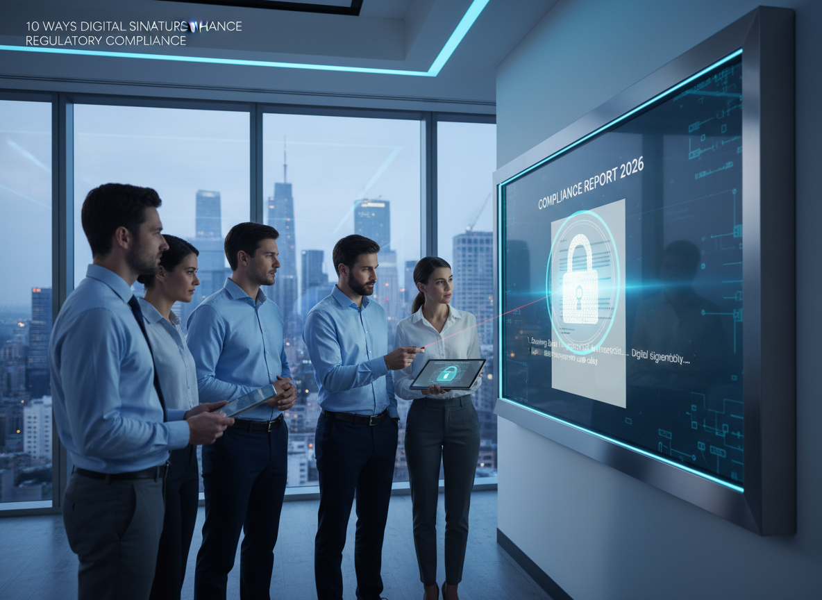 A corporate team reviewing a digitally signed document with a glowing cryptographic lock icon, symbolizing data integrity and authenticity.