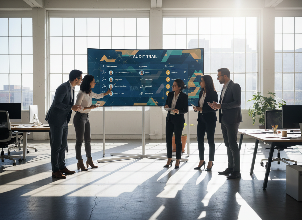 Financial analysts in an office reviewing a digital audit trail displayed on a monitor, featuring timestamps, signer identities, and document statuses.
