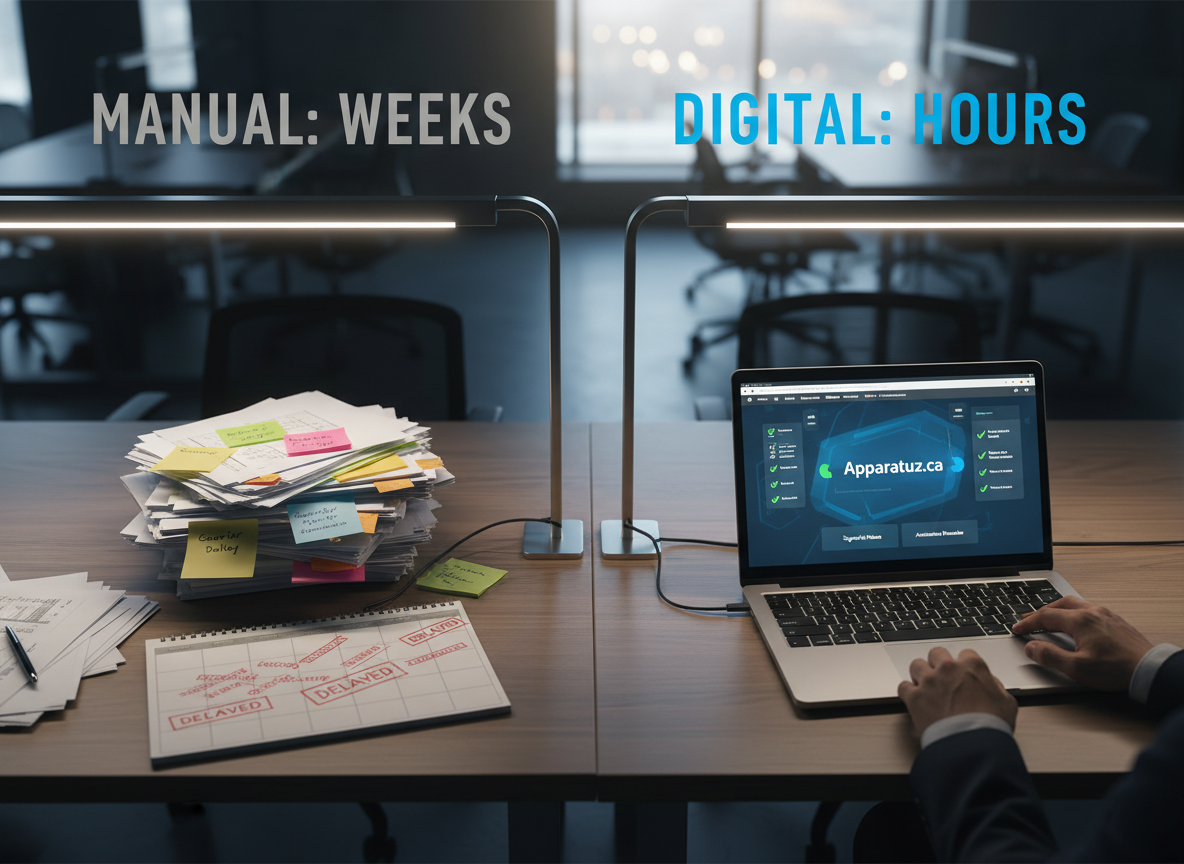 Comparison of manual document signing timelines versus digital signature timelines in a co-working space, showcasing efficiency and reduced delays.