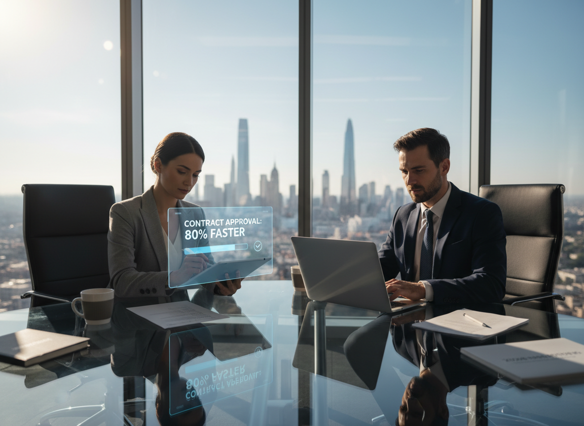 Two professionals in a modern office using electronic devices to accelerate contract approvals, with a holographic progress bar displaying 'Contract Approval: 80% Faster.'