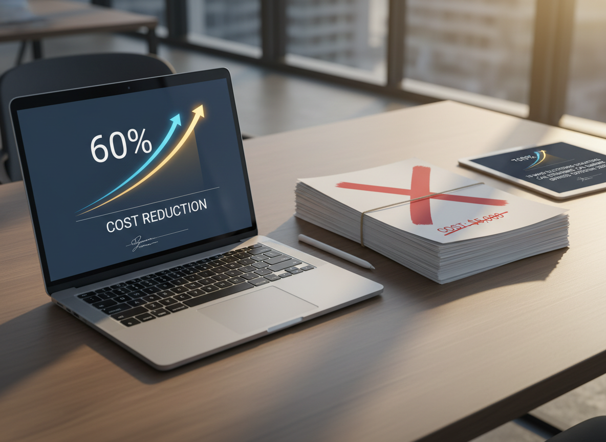 An overhead view of a desk showing a laptop with a digital signature platform and paper documents marked 'Cost: $5,000,' with a glowing graph showing '60% Cost Reduction.'