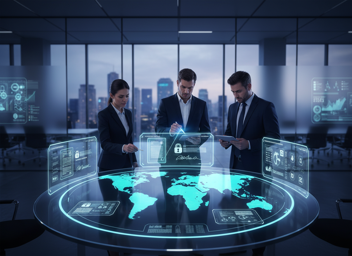 Professionals collaborating with digital signatures over a world map in a modern office.