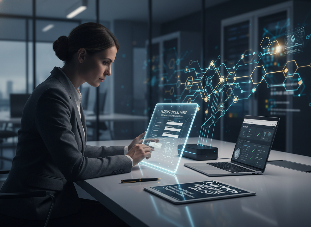 A compliance officer reviewing a digital patient consent form secured with cryptographic algorithms, symbolized by interconnected nodes forming a chain.