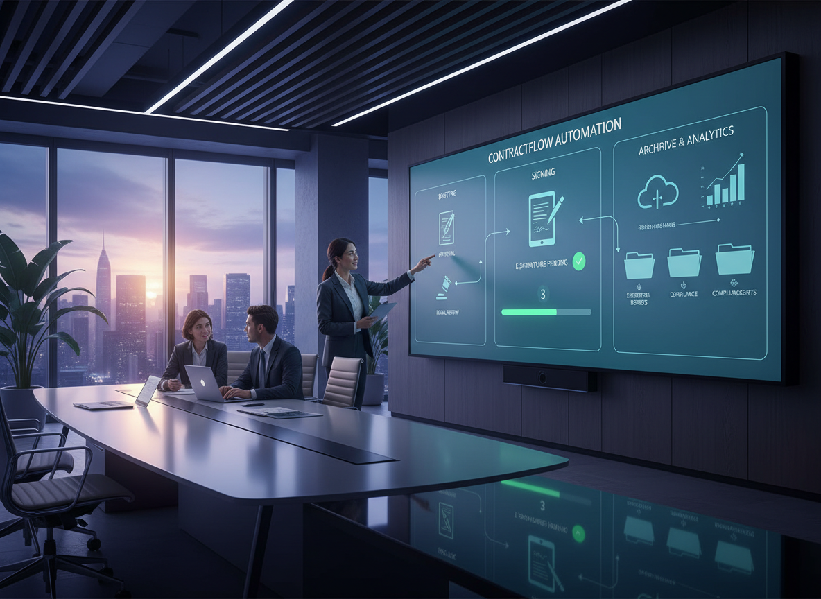 A modern office with a CRM dashboard showing automated contract workflows, from drafting to signing to storage.