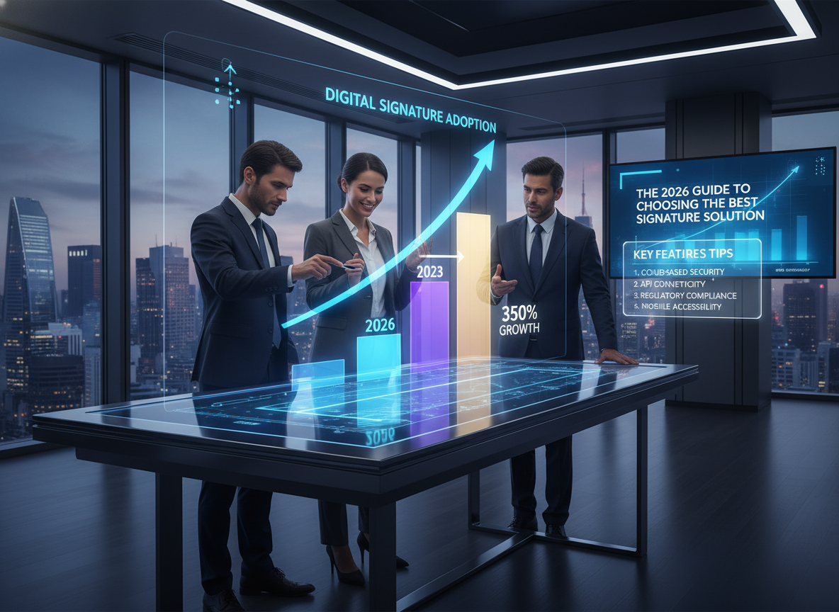 Futuristic office with professionals viewing a holographic graph showing the rise of digital signatures by 2026.