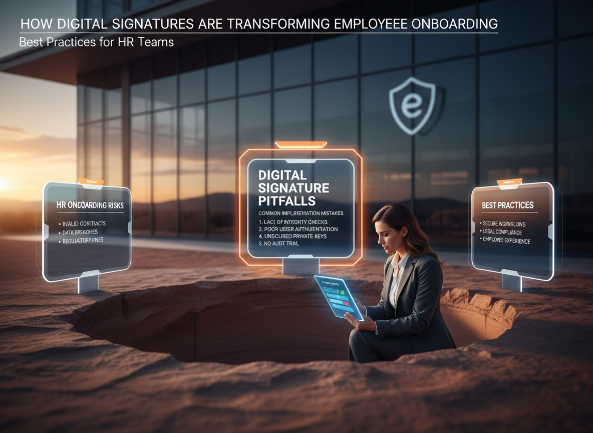 Desert pitfall with warning signs highlighting common mistakes in digital signature implementation, observed by an HR professional.