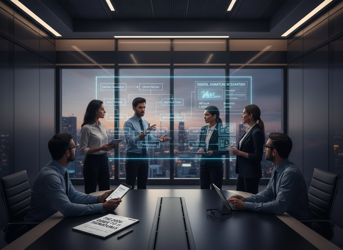Team collaborating in an office, integrating digital signatures into existing workflows on an interactive board.
