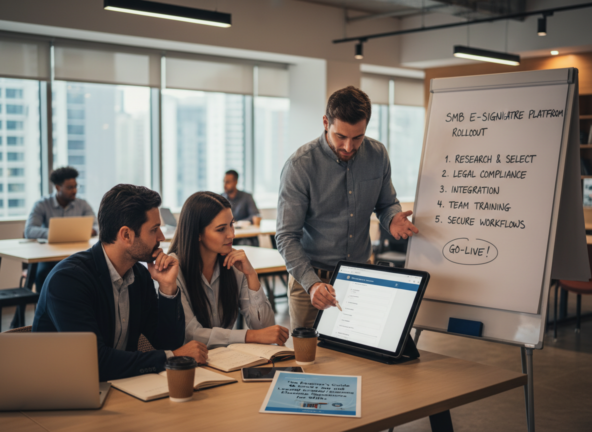 Small business owners in a co-working space collaborating on implementing an electronic signature platform, with a checklist displayed on a whiteboard.