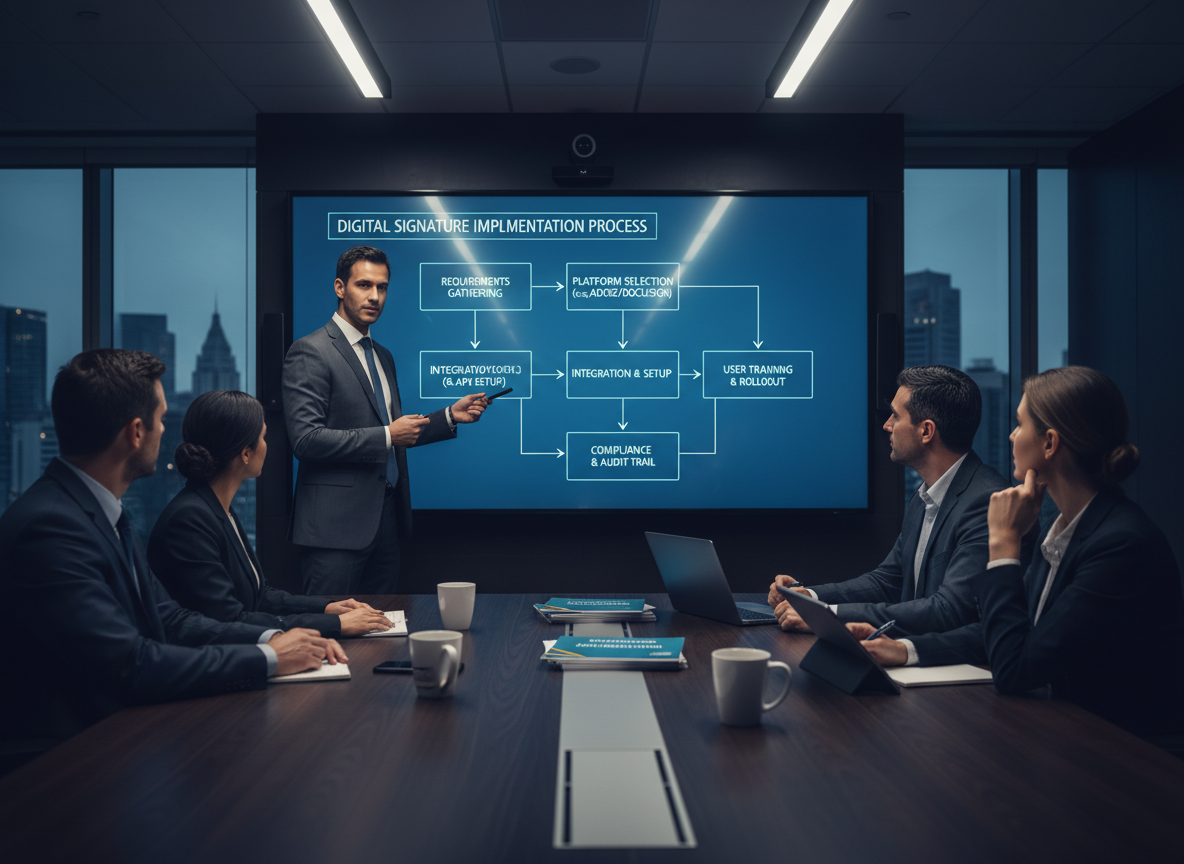 Training room with an IT manager presenting a flowchart of the digital signature implementation process.
