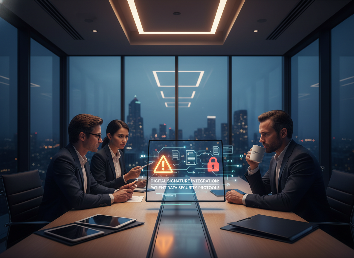 Healthcare IT team discussing digital signature challenges with a caution symbol on screen.