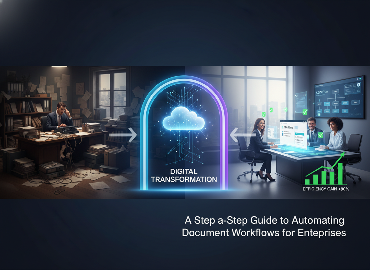 Diagram showing the transition from manual document workflows to automated processes, highlighting efficiency gains.