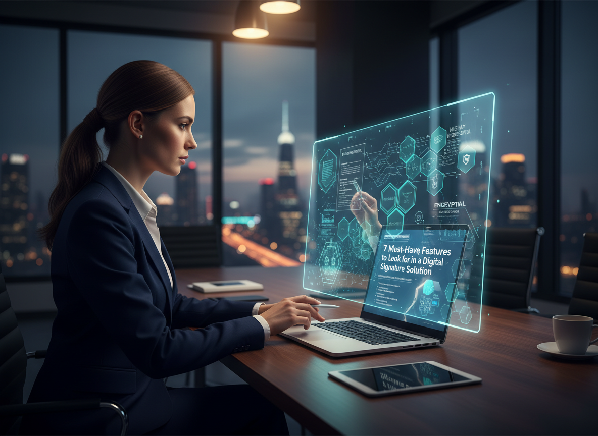 A professional reviewing a document on a computer with holographic encryption graphics, symbolizing advanced security and compliance.