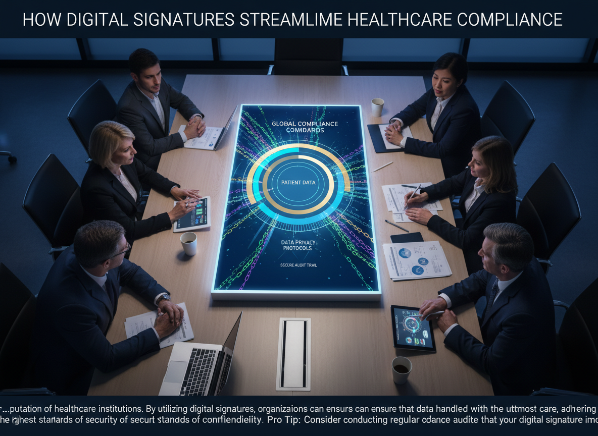 A layered diagram on a digital screen in a hospital meeting room, illustrating healthcare compliance with digital signatures.
