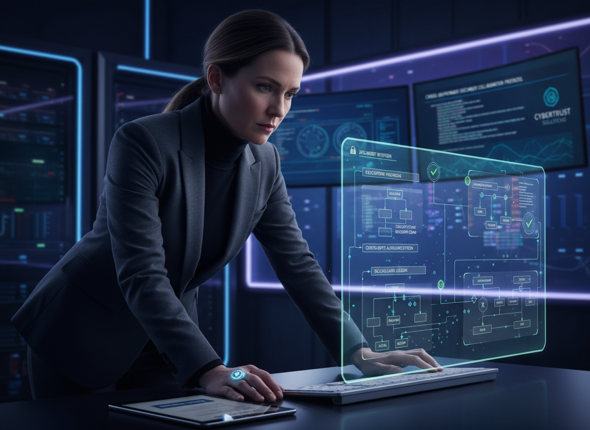 IT security analyst reviewing an encryption workflow hologram in a cybersecurity lab.