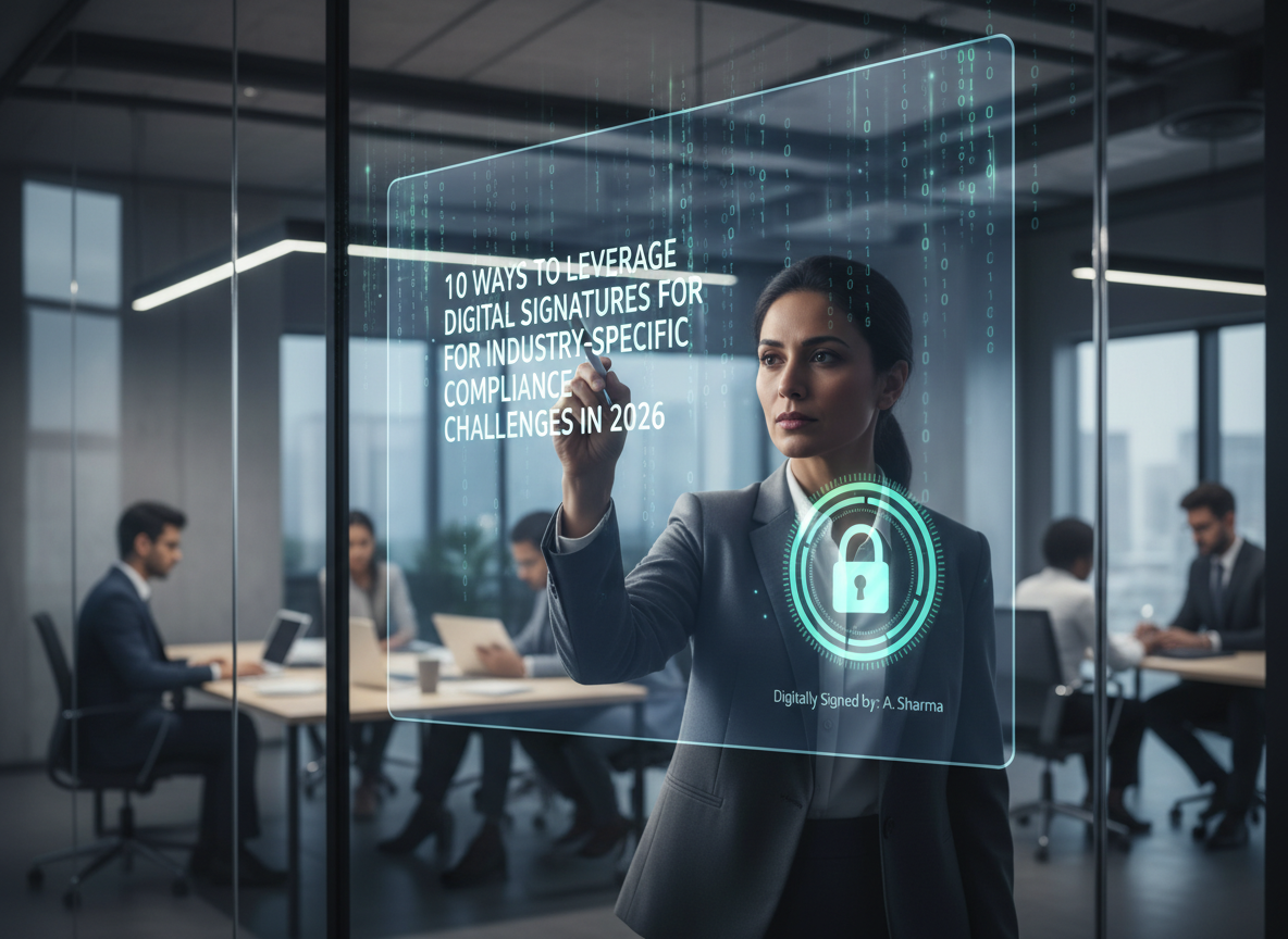 IT professional applying digital signature with glowing lock symbol, binary code streams.