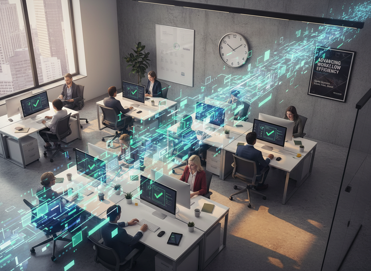 Office with team members using devices, papers transforming into digital streams, illustrating efficient workflow with digital signatures.