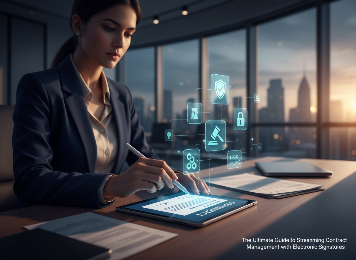 A professional digitally signing a document on a tablet, with holographic icons representing secure and legal electronic signatures.