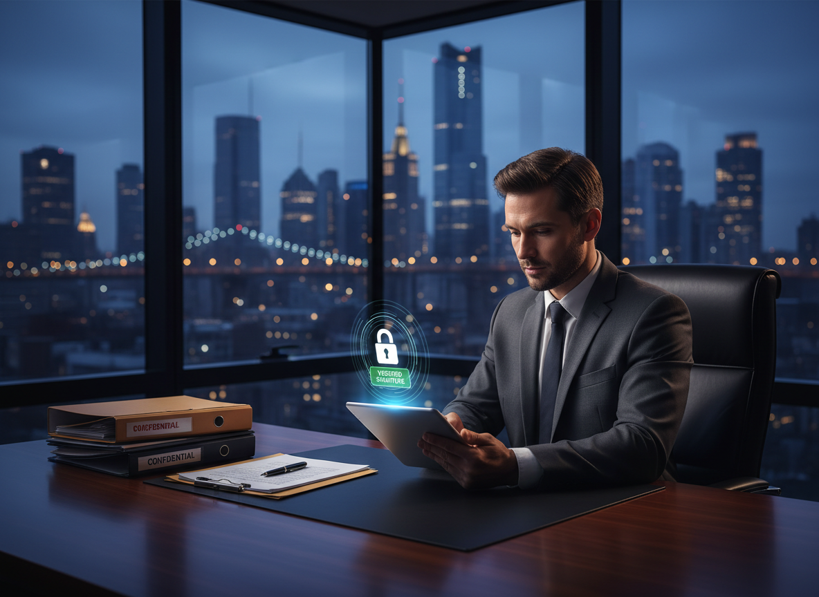 A lawyer reviews a secured digital document on a tablet, symbolizing enhanced security and compliance for legal SMBs.
