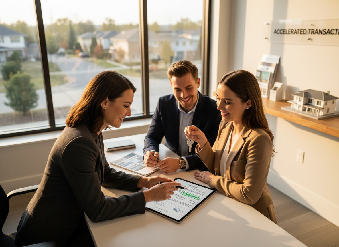 A real estate agent and a couple finalize a deal with a digitally signed lease agreement, illustrating accelerated transactions for real estate SMBs.