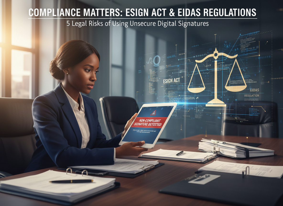 Legal professional reviewing digital signatures with a holographic overlay of compliance regulations, highlighting the importance of adherence to e-signature laws.