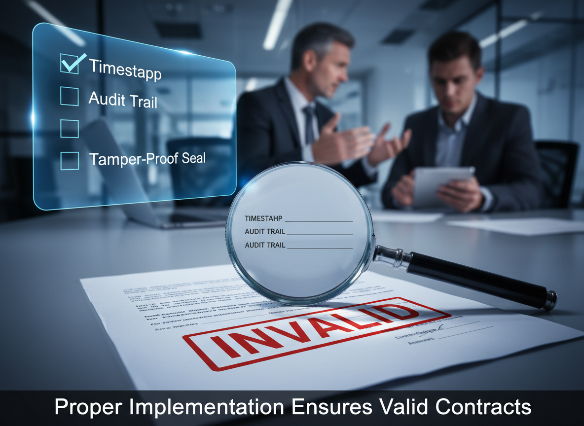 Rejected contract marked 'INVALID' with a holographic checklist showing missing elements like timestamp and audit trail, illustrating risks of improper e-signature implementation.