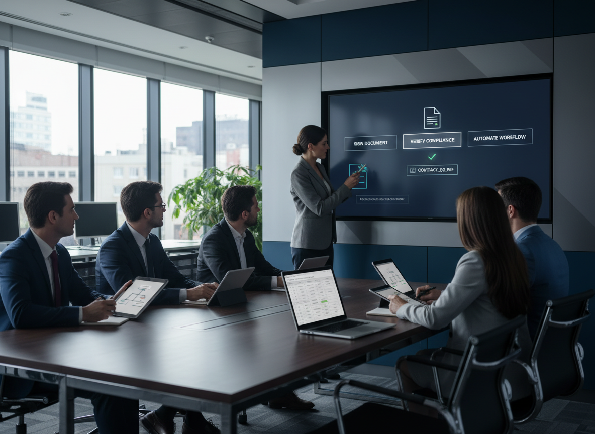 Employees in a modern office watching a vendor trainer demonstrate features of a digital signature platform on a large screen.